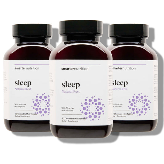 Front bottle of Smarter Sleep Melatonin dissolvable tablets with Lactium and mint flavor