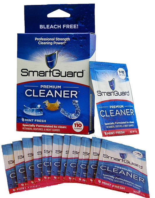 SmartGuard Crystals bottle illustrating 110 cleanings for dentures