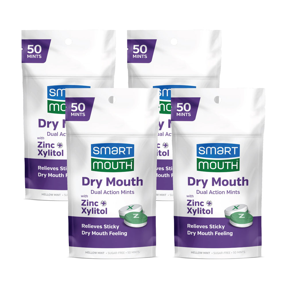 SmartMouth Dry Mouth Dual-Action Mints Mellow Mint package with 50 count four pack