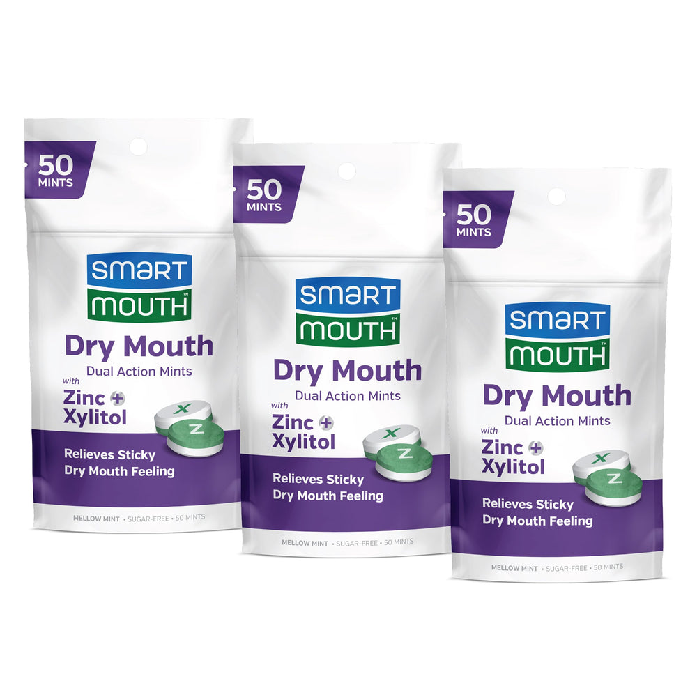 SmartMouth Dry Mouth Dual-Action Mints front label, 50-count, 3-pack