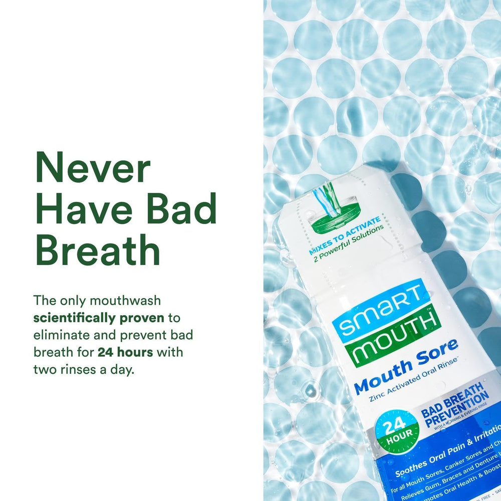 Close-up of Zinc Ion Formula label on SmartMouth Mouth Sore mouthwash