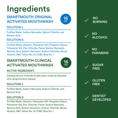 SmartMouth mouthwash packaging and key benefits graphic
