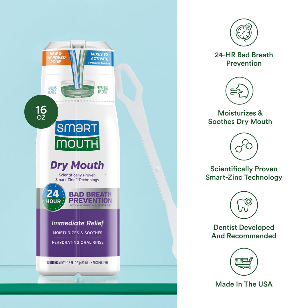 SmartMouth tongue cleaner tool beside the bottle