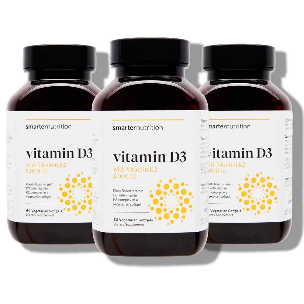 Front label of SmarterNutrition Vegan Vitamin D3 5000 IU + K2 1100 mcg bottle