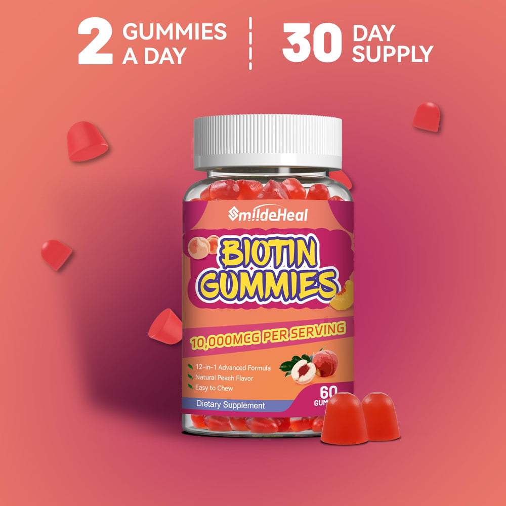SmildeHeal Biotin Gummies bottle resting on a wooden surface