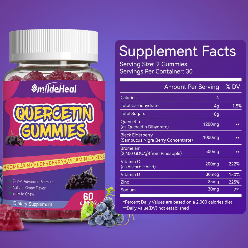 SmildeHeal Quercetin Gummies 1200MG 60-count bottle pack shot