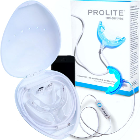Front view of Smileactives Prolite LED Teeth Whitening Kit with power cable