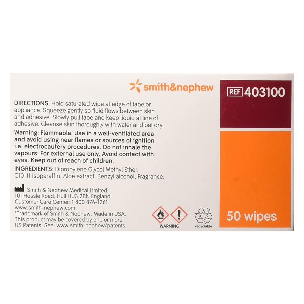 Smith and Nephew Remove Adhesive Remover Wipes close-up showing gentle cleansing on skin.