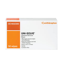 Smith & Nephew UNI-SOLVE wipes pack for on-the-go adhesive removal with aloe soothing formula.