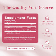 SMNutrition Slippery Elm Women capsules closeup highlights daily hydration for comfort.