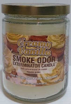 Close-up of creamy vanilla label on 13 oz jar candle
