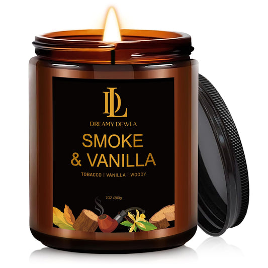 Smoke & Vanilla Candle lit in a cozy living room for warm ambiance