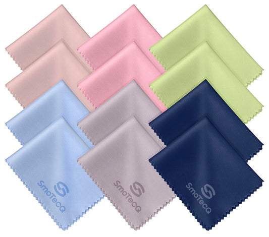 SmoTecQ 12-pack microfiber lens cleaning cloths in assorted colors (7x6 inches)