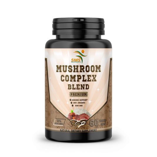 Front view of SMSHEALTH Mushroom Capsule bottle with 60 vegan capsules