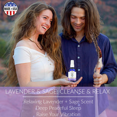 Close-up of sage spray bottle with lavender and palo santo
