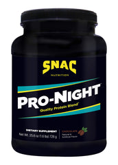 SNAC Pro-Night Chocolate protein powder bottle front label