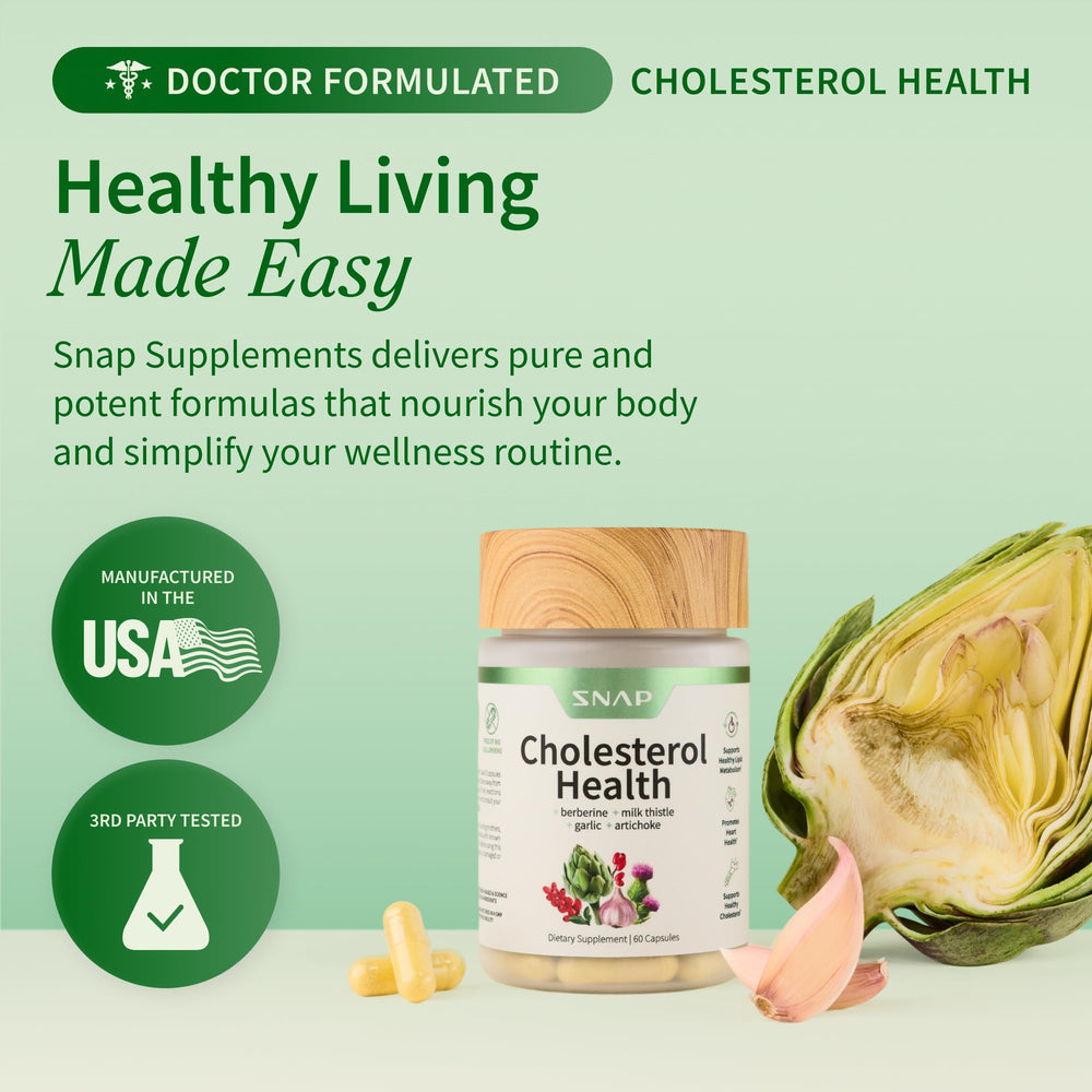 Bottle showing 60 vegetarian capsules for Snap Supplements Cholesterol Health
