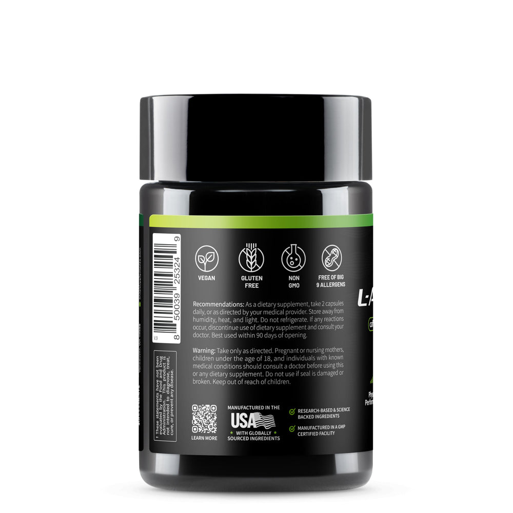 Label on vegan-friendly L Arginine Capsules bottle