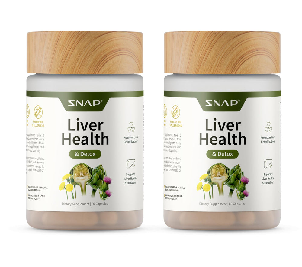 Bottle of Snap Supplements Liver Health & Detox with label on white background