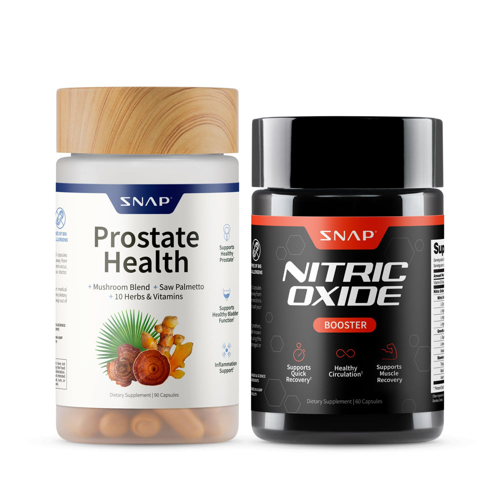 Bundle image showing Nitric Oxide Booster and Prostate Health bottles side by side
