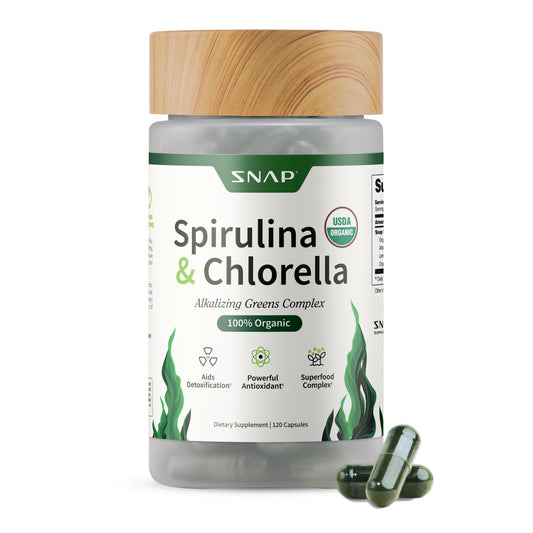 Bottle front view of Snap Supplements Spirulina and Chlorella