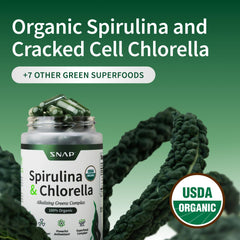 Ingredients panel featuring spirulina, chlorella, alfalfa, and wheatgrass