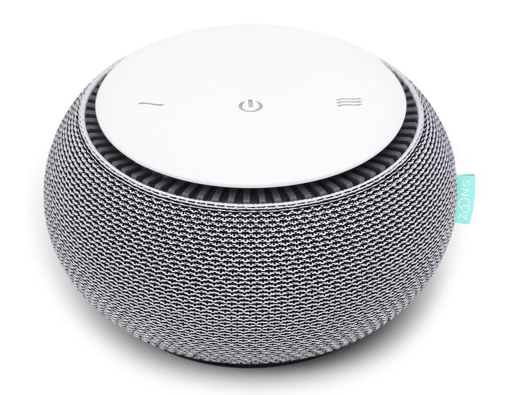 SNOOZ Smart White Noise machine front view with real fan for natural sleep masking.