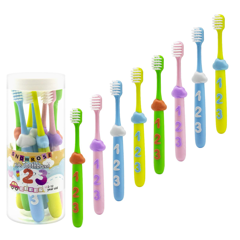 SnowRose 8 Pack Kids Toothbrushes set with multicolor handles and soft bristles