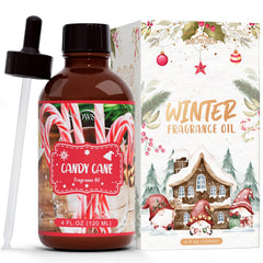 Amber glass bottle of SNOWSEN Candy Cane Essential Oil with dropper