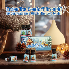 Warm holiday table scene featuring SNOWSEN winter oils