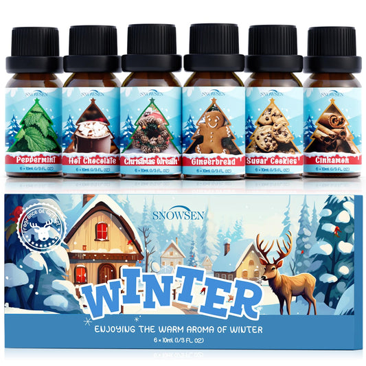 Six 10ml bottles of SNOWSEN winter essential oils displayed together