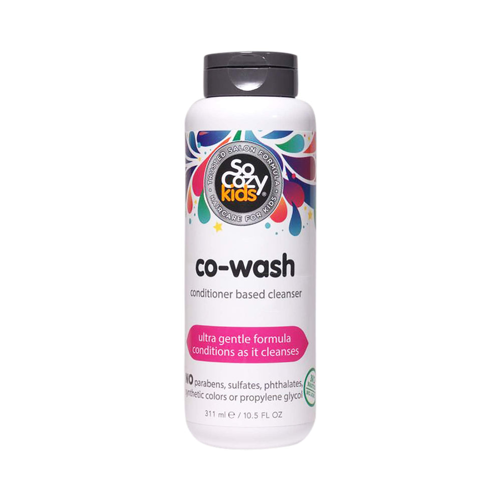 So Cozy Co-Wash bottle front shows ultra gentle cleansing for kids' hair and leaves it silky.