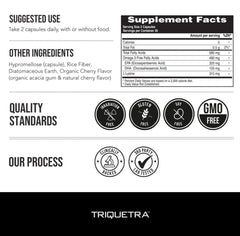 Label indicating GMO-free, soy-free, gluten-free, USA-made, third-party tested