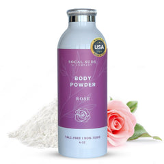 SoCal Suds & Company rose body powder jar front shows talc-free formula for daily softness.