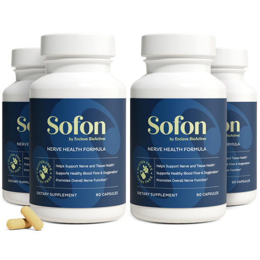 Front view of Sofon Nerve Support 4 Pack bottle with 60 capsules (30 servings)