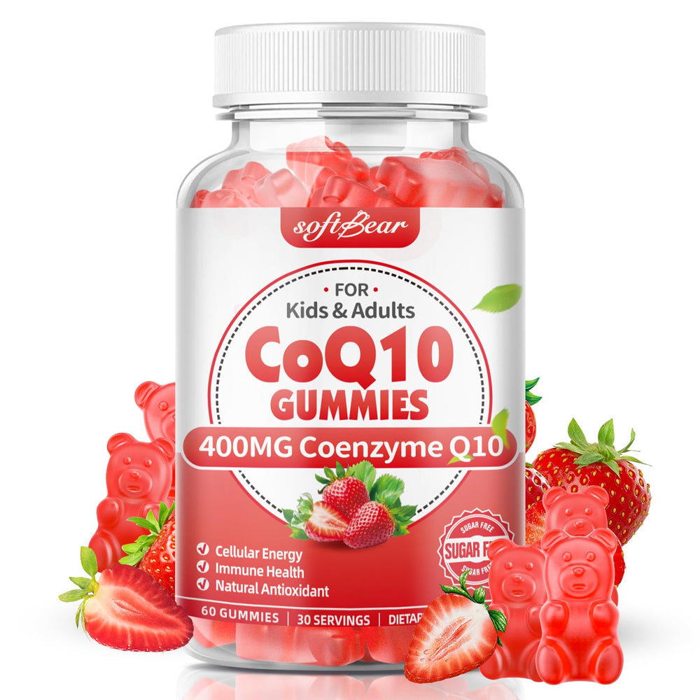 softbear CoQ10 Gummies bottle front label with 400 mg CoQ10 and strawberry flavor