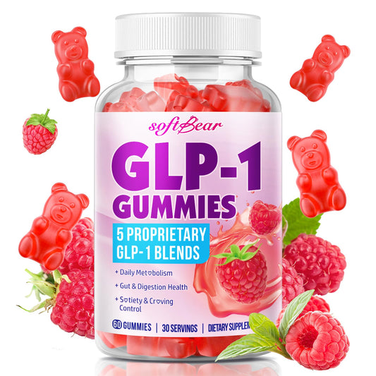 SoftBear GLP-1 Probiotic Gummies bottle front with raspberry flavor