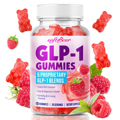 SoftBear GLP-1 Probiotic Gummies bottle front with raspberry flavor