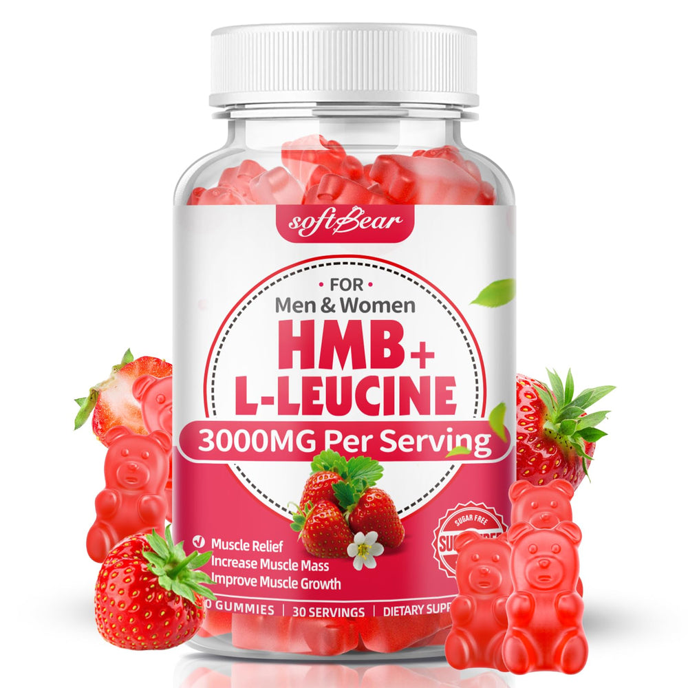 SoftBear HMB & Leucine Gummies bottle front view – 60 count
