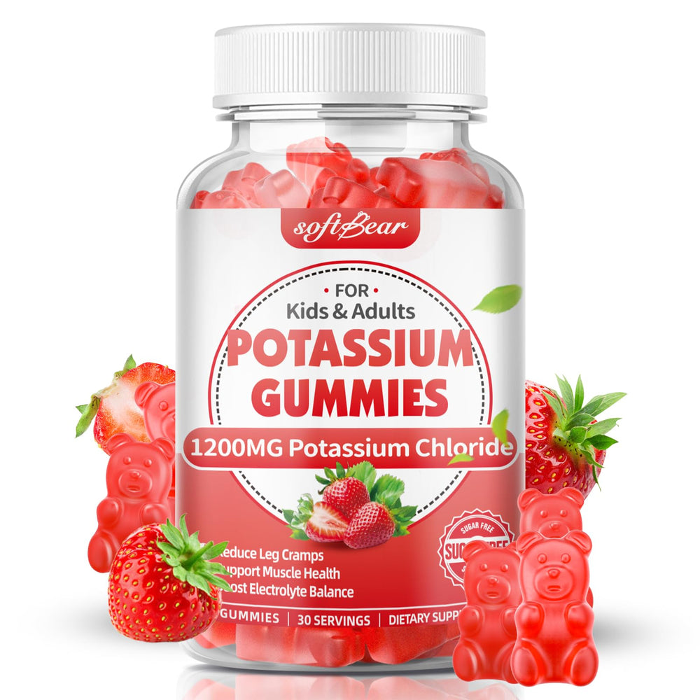 Front view of softbear Potassium Gummies 60-count Strawberry flavor