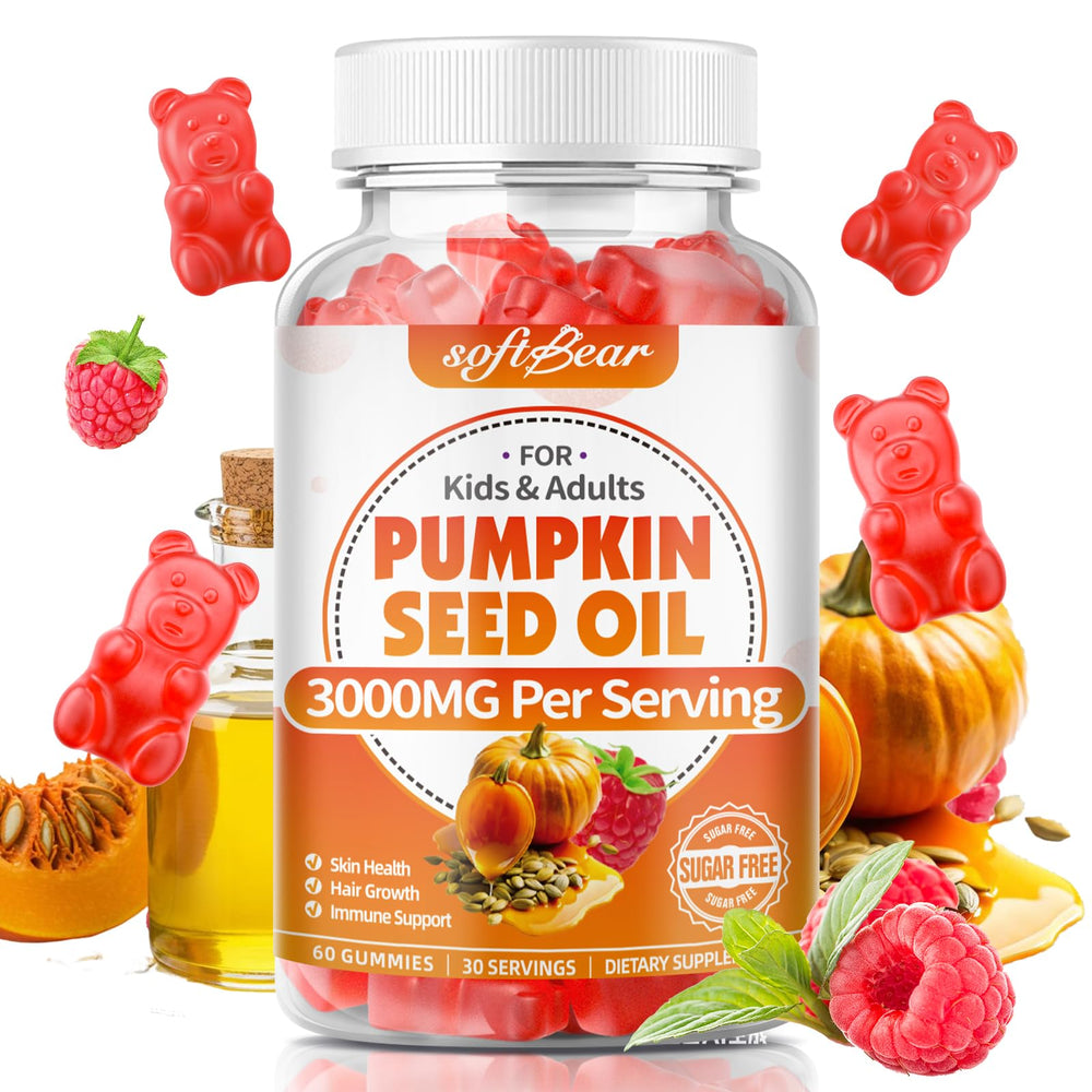 SoftBear Pumpkin Seed Oil Gummies bottle and label – 3000mg per serving