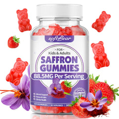 Softbear Saffron Gummies bottle with 60 strawberry-flavored gummies