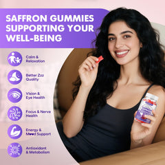Sugar-free saffron gummies label showing strawberry flavor