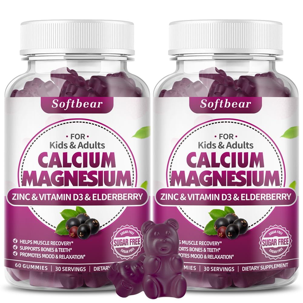 SoftBear Calcium Magnesium Zinc Gummies bottle labeled Elderberry flavor