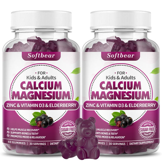 SoftBear Calcium Magnesium Zinc Gummies bottle labeled Elderberry flavor