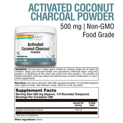 Solaray Activated Coconut Charcoal Powder 500 mg bottle - label close-up