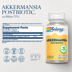 Close-up of SOLARAY Akkermansia Postbiotic Akk11 bottle