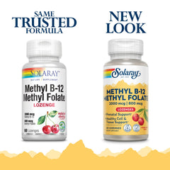 Close-up of Solaray B-12 + Methyl Folate Lozenges Cherry packaging