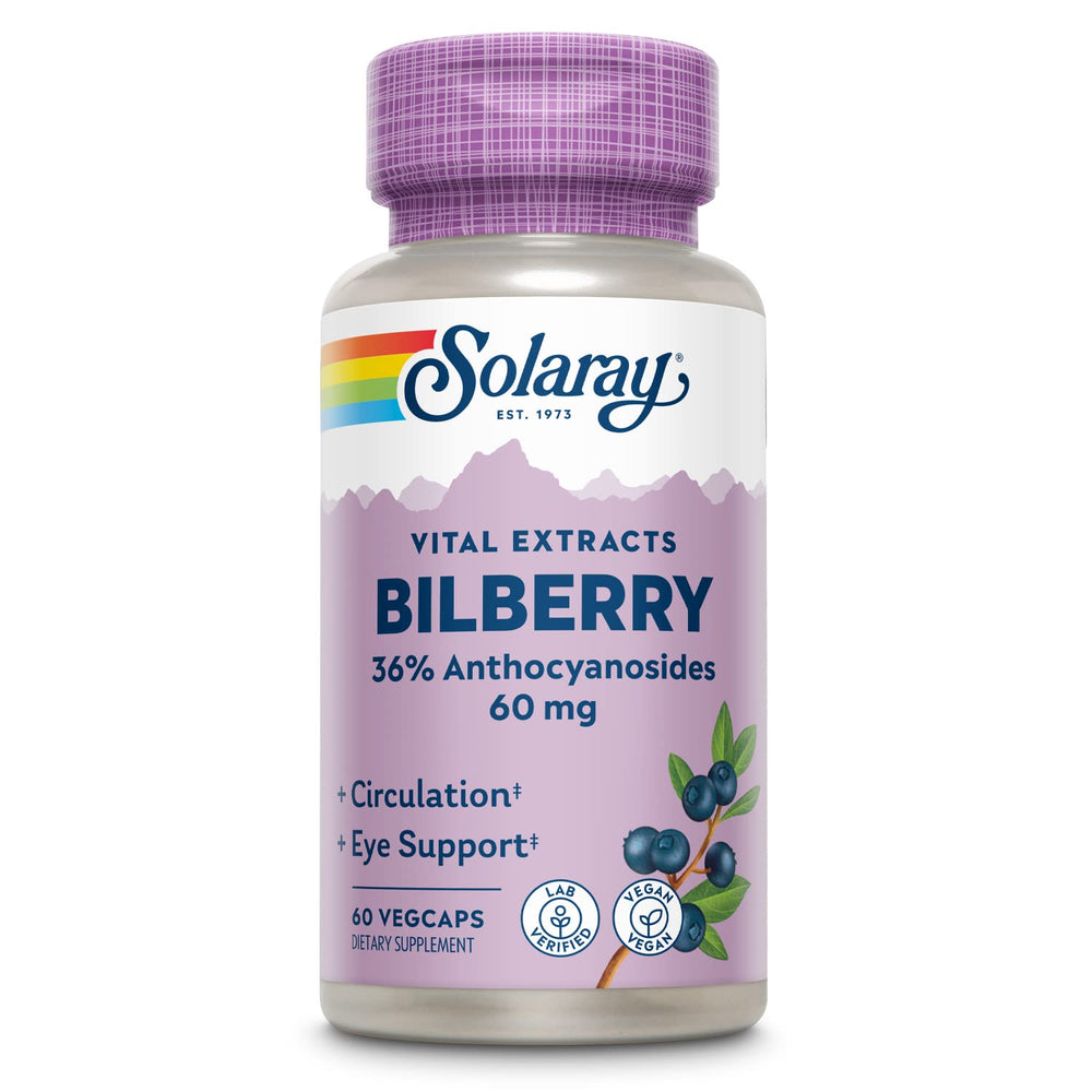 Close-up of SOLARAY Bilberry Berry Extract capsules