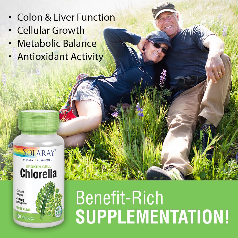Close-up of SOLARAY Broken Cell Chlorella 410 mg bottle label